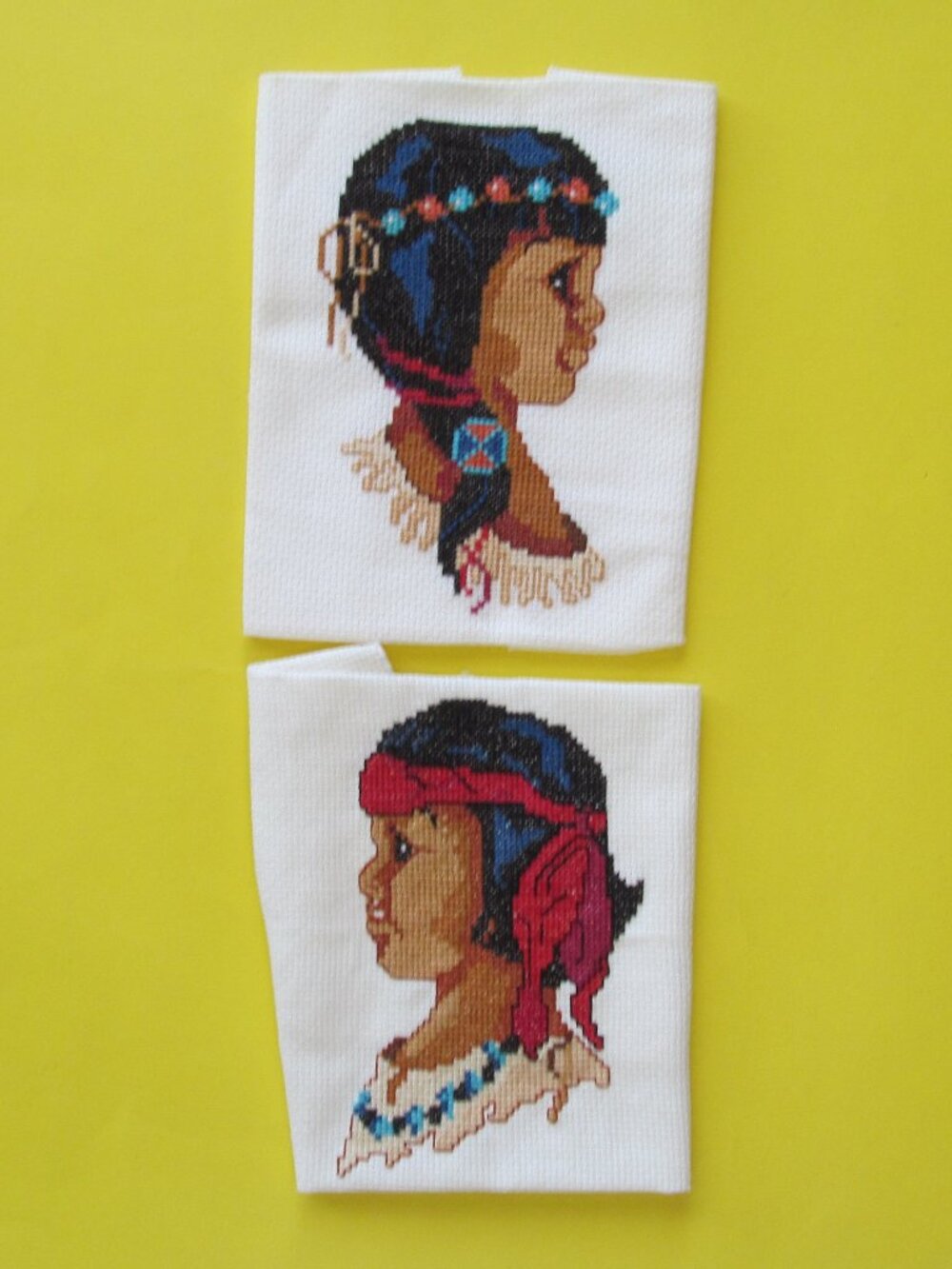Indigenous Native American Girl and Boy completed cross stitch